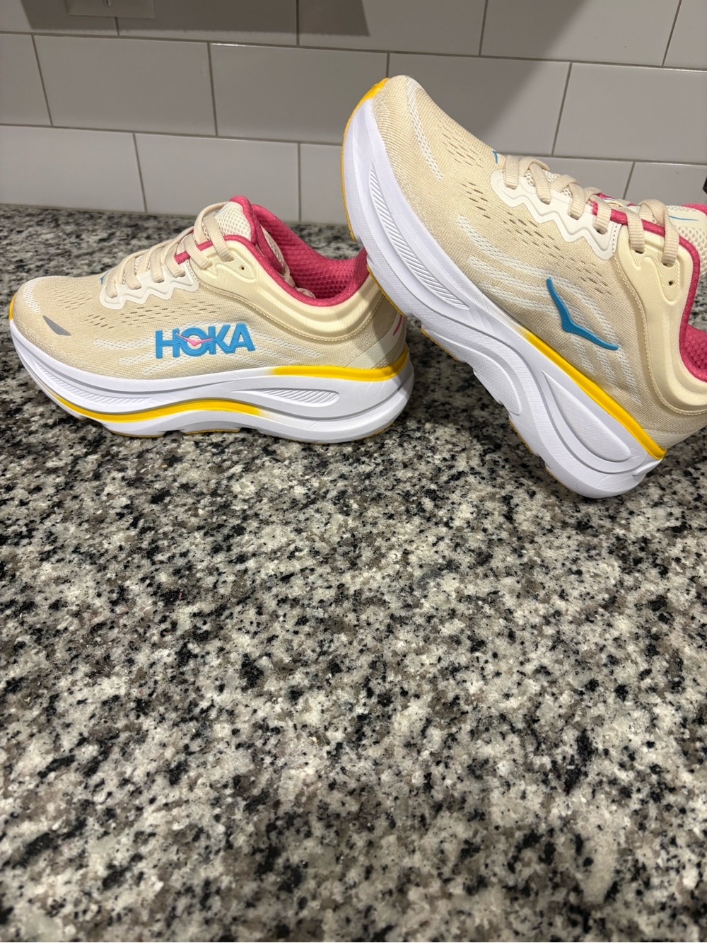 Hoka Bondi 9 Cream Pink Yellow Blue Women's Sneakers - Picture 9 of 15